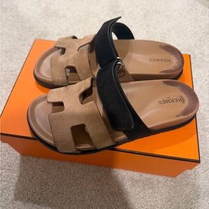 Hermes Tan and Black Slide Sandals